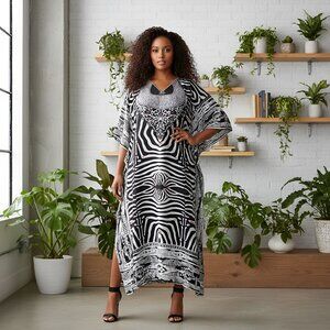 Abstract Printed Women Black Polyester Kaftan Maxi Dress Plus Size by Gypsie Blu